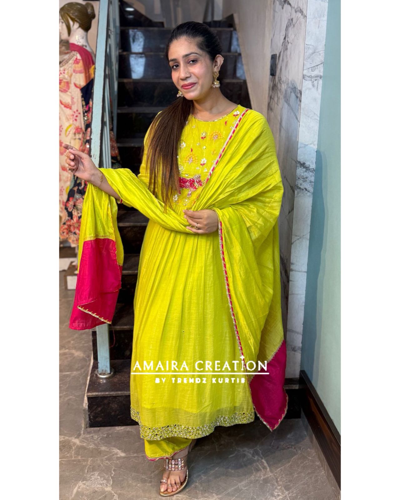Premium Mul Chanderi Neon Embroidered Mirror Work A Line Set