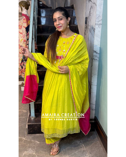 Premium Mul Chanderi Neon Embroidered Mirror Work A Line Set