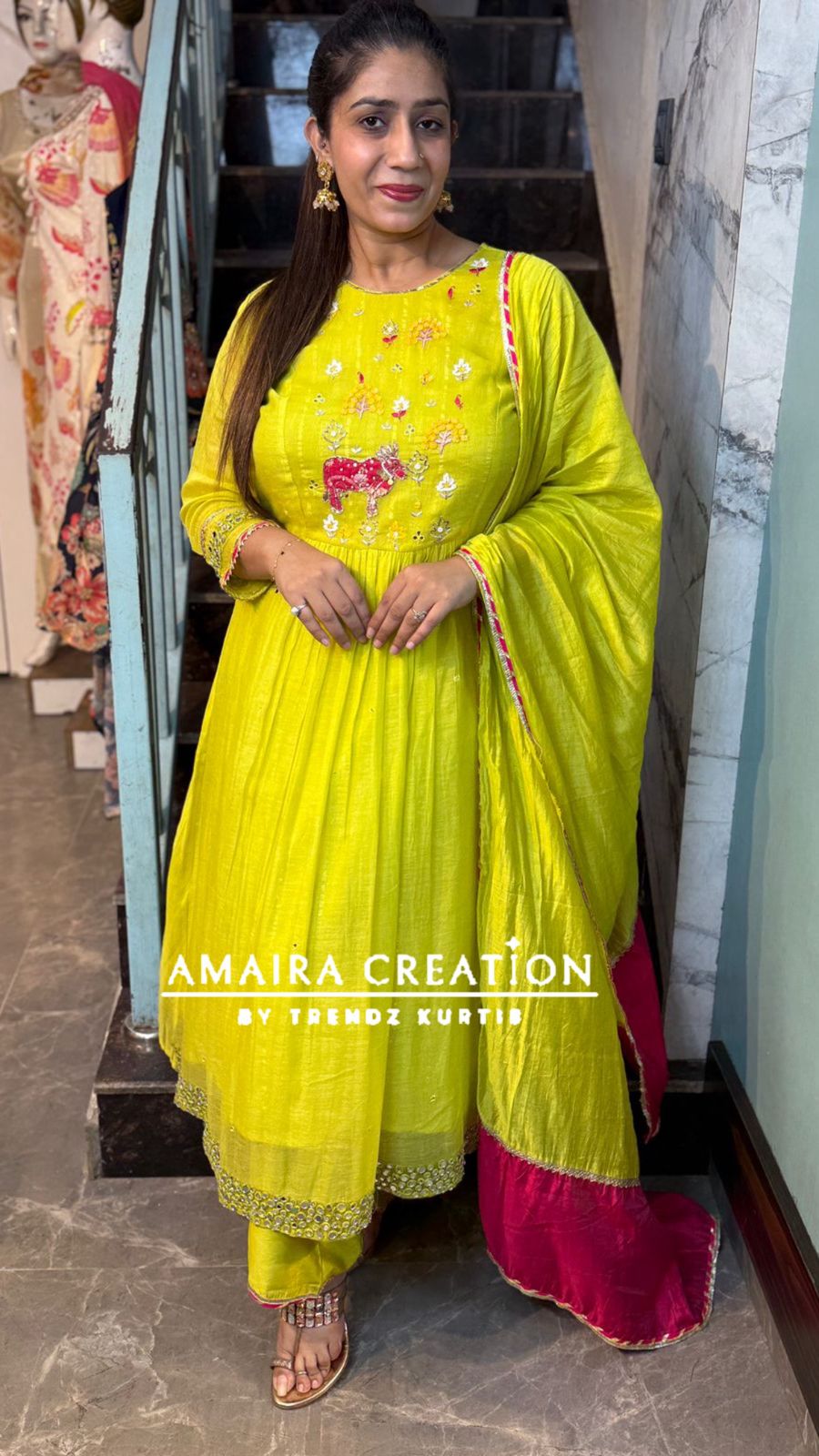 Premium Mul Chanderi Neon Embroidered Mirror Work A Line Set
