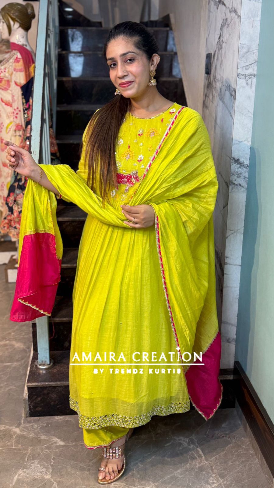 Premium Mul Chanderi Neon Embroidered Mirror Work A Line Set