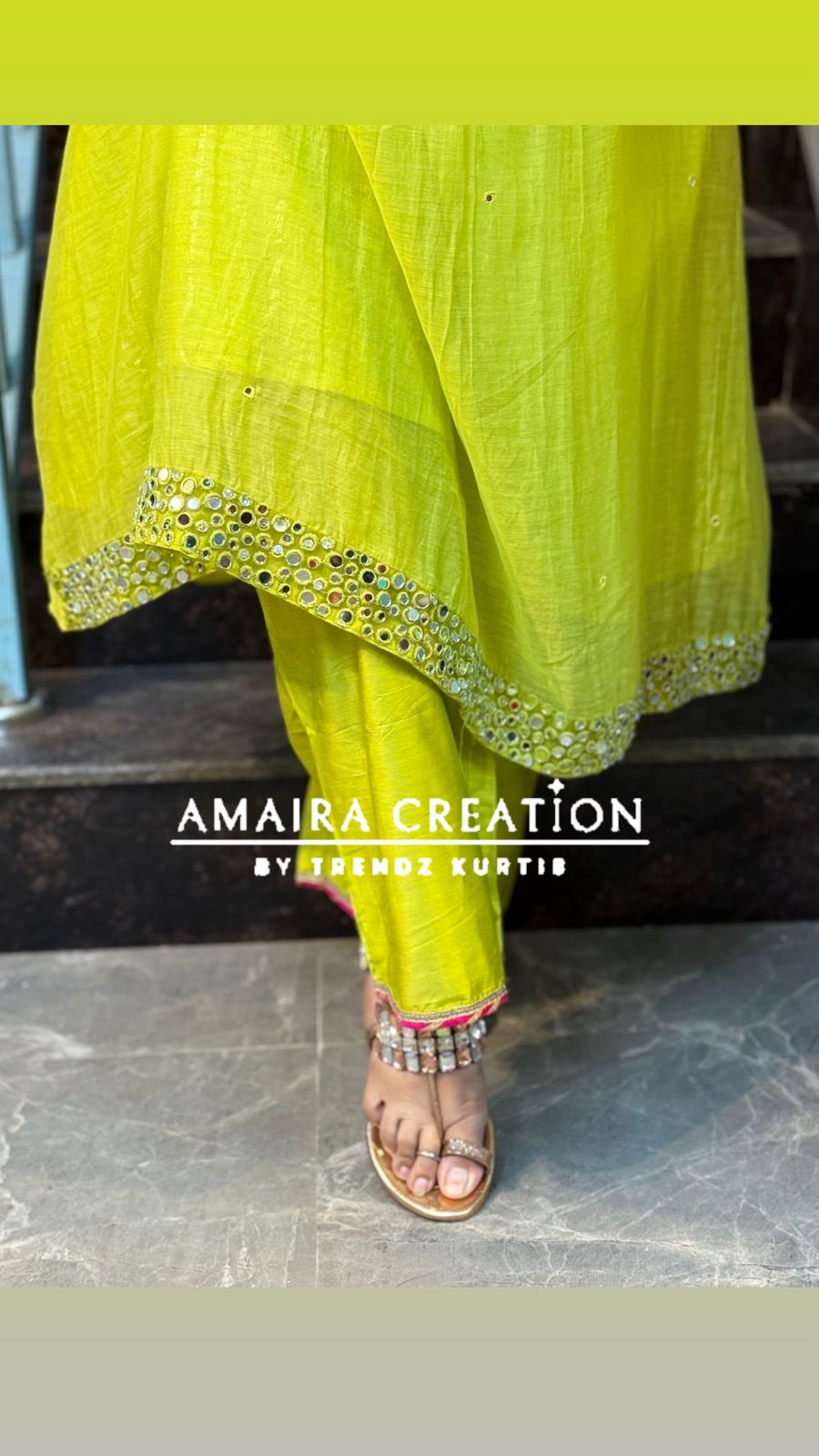 Premium Mul Chanderi Neon Embroidered Mirror Work A Line Set