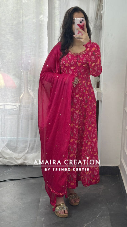 Premium Chinnon Magenta Pink Anarkali Set
