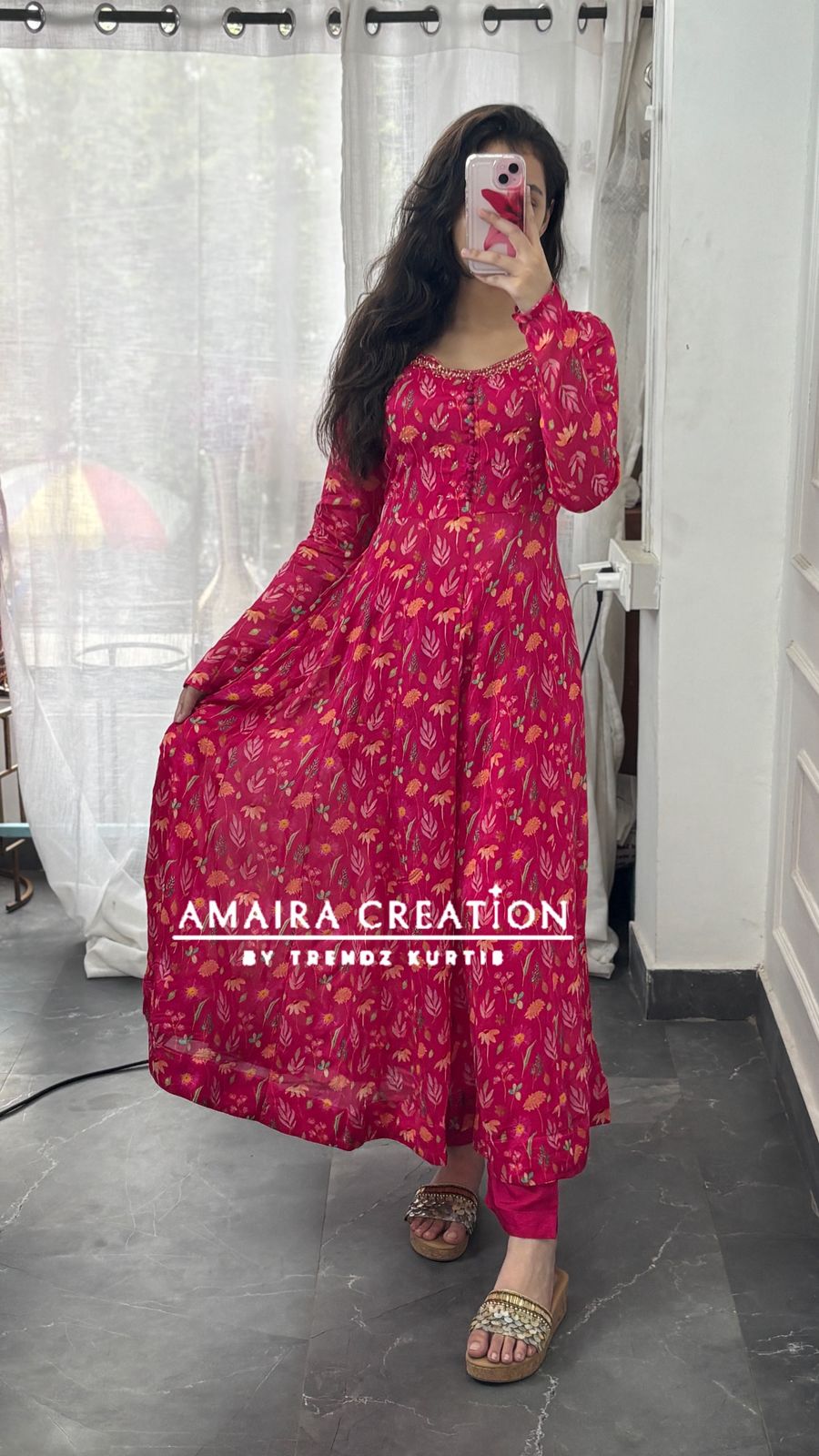 Premium Chinnon Magenta Pink Anarkali Set
