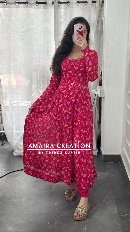 Premium Chinnon Magenta Pink Anarkali Set