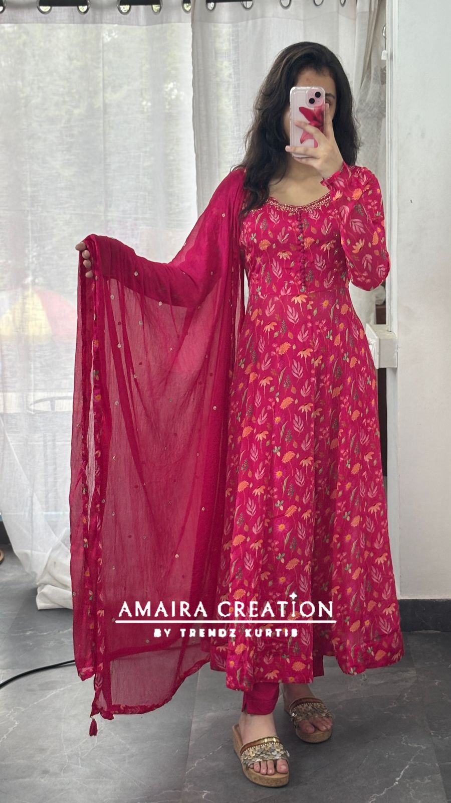 Premium Chinnon Magenta Pink Anarkali Set