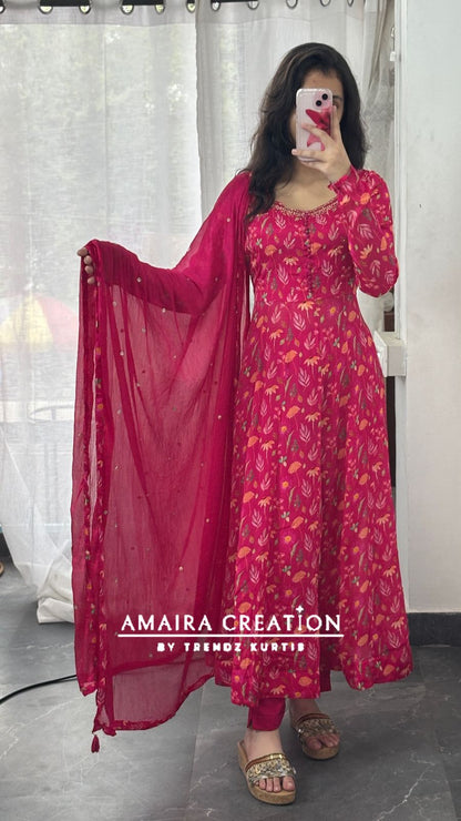 Premium Chinnon Magenta Pink Anarkali Set