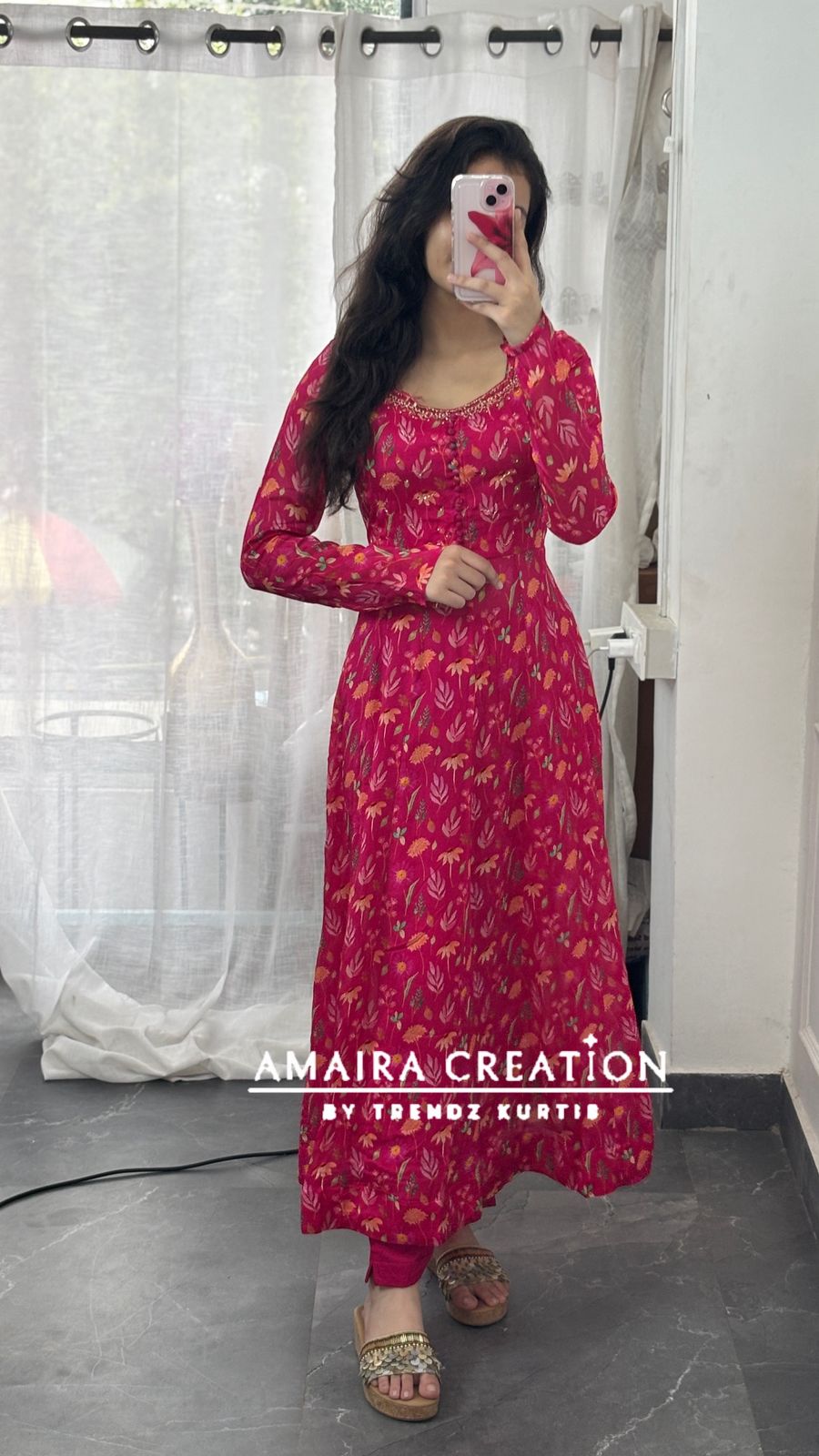 Premium Chinnon Magenta Pink Anarkali Set