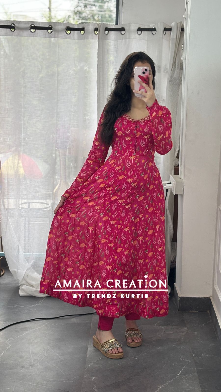 Premium Chinnon Magenta Pink Anarkali Set