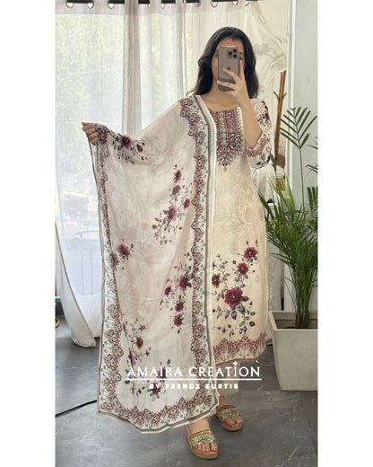 Premium Muslin Cream Colour Floral Print Pant Set