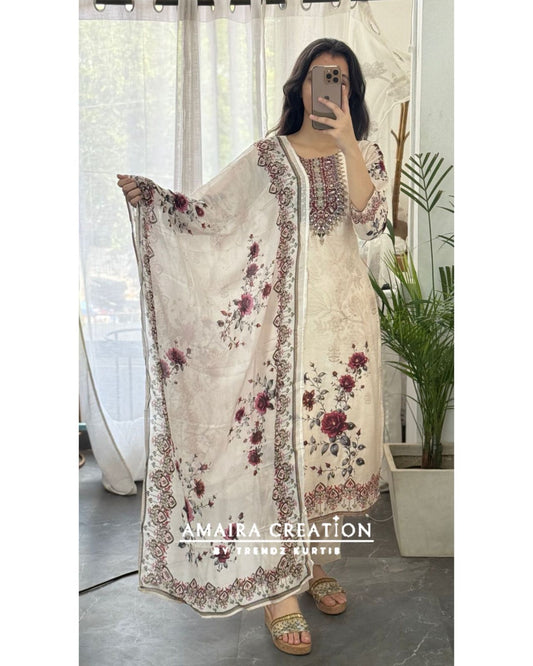 Premium Muslin Cream Colour Floral Print Pant Set