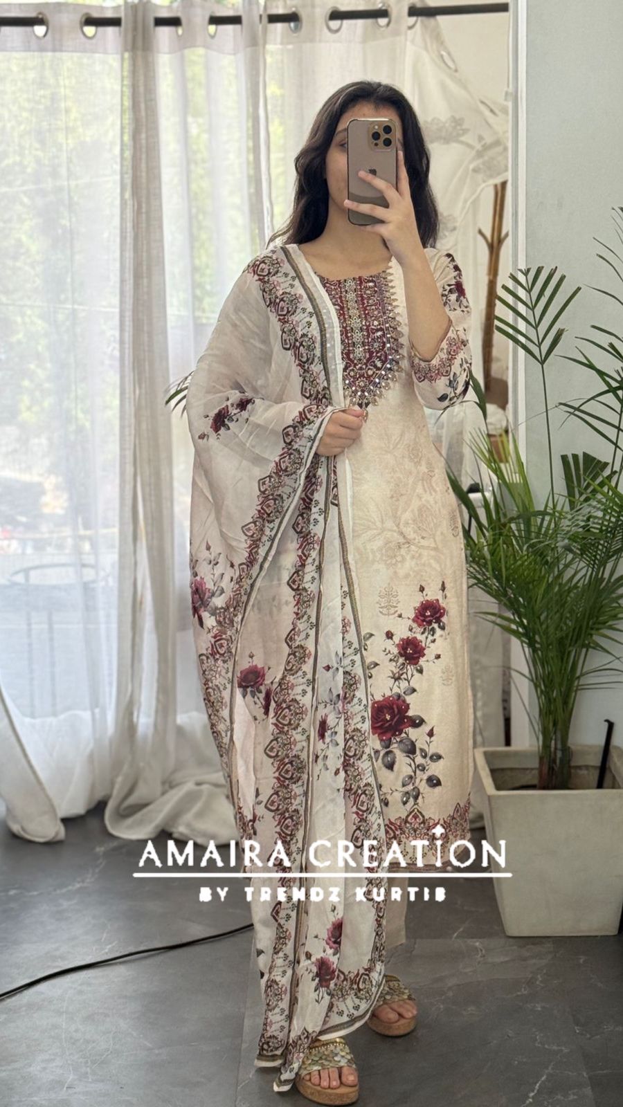 Premium Muslin Cream Colour Floral Print Pant Set