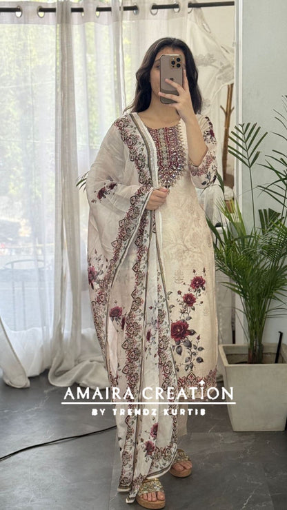 Premium Muslin Cream Colour Floral Print Pant Set