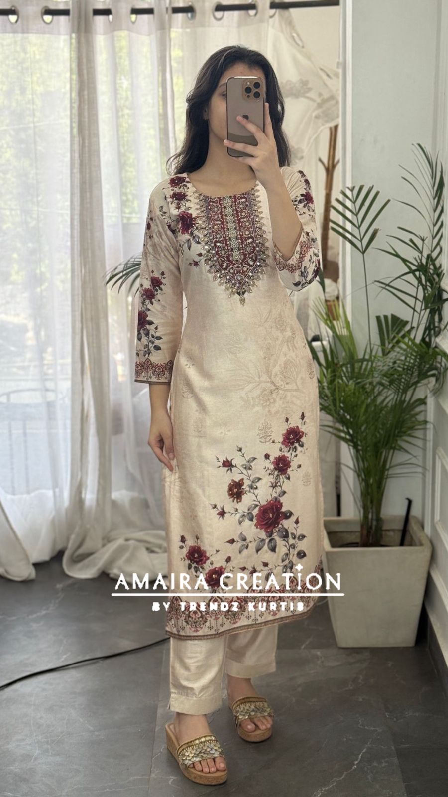 Premium Muslin Cream Colour Floral Print Pant Set