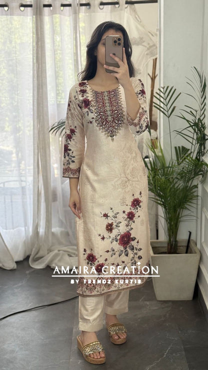 Premium Muslin Cream Colour Floral Print Pant Set
