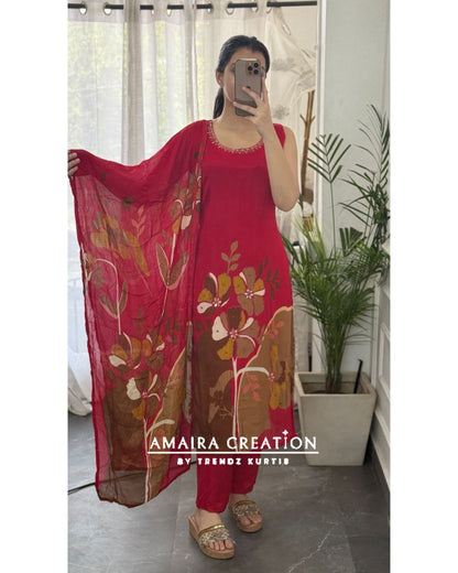 Premium Chinnon Red Floral print Pant Set(17 inches sleeves available)