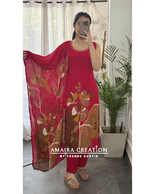 Premium Chinnon Red Floral print Pant Set(17 inches sleeves available)