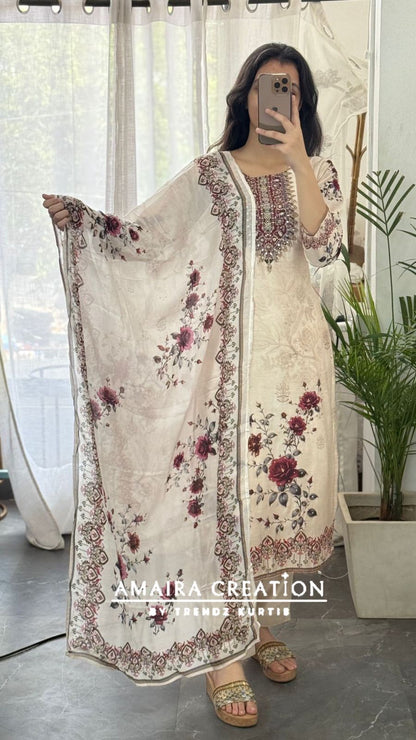 Premium Muslin Cream Colour Floral Print Pant Set
