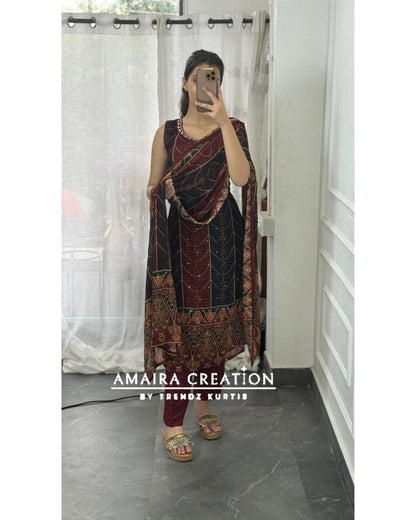 Premium Chinnon Maroon Blue Colour Pant Set( 17 inches sleeves available)