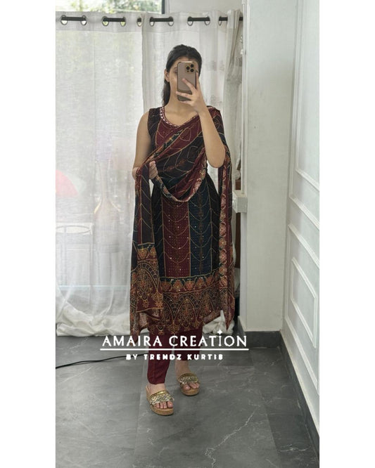 Premium Chinnon Maroon Blue Colour Pant Set( 17 inches sleeves available)