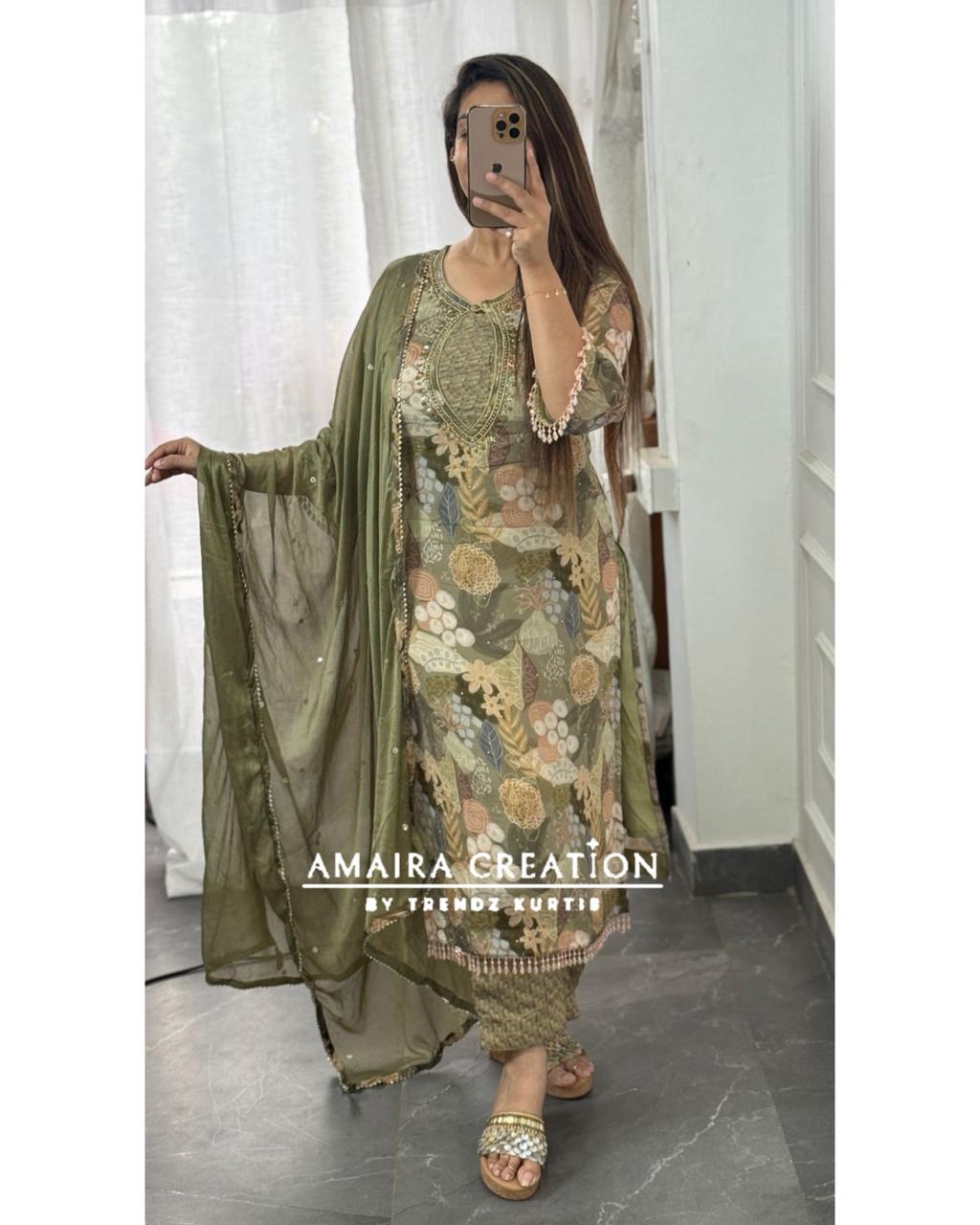 Premium Chinnon Olive Green Pant Set With Beautiful Neck Detailing