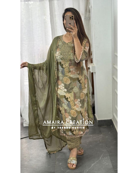 Premium Chinnon Olive Green Pant Set With Beautiful Neck Detailing