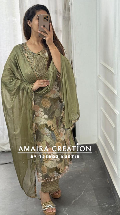 Premium Chinnon Olive Green Pant Set With Beautiful Neck Detailing