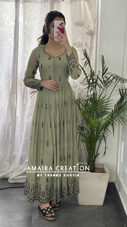 Premium Organza Light Green Embroidered Anarkali Set