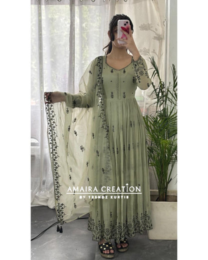 Premium Organza Light Green Embroidered Anarkali Set
