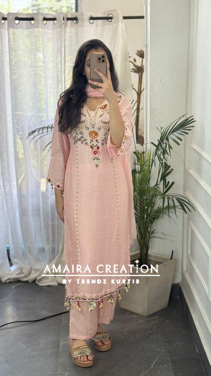Premium Dola Silk Light Peach Beautiful Embroidered Pant Set
