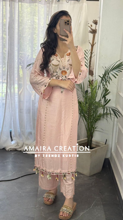 Premium Dola Silk Light Peach Beautiful Embroidered Pant Set