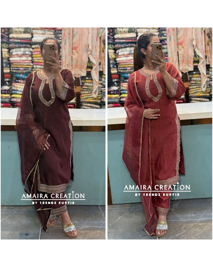 Premium Silk Beautiful Neck Detailing Pant Set