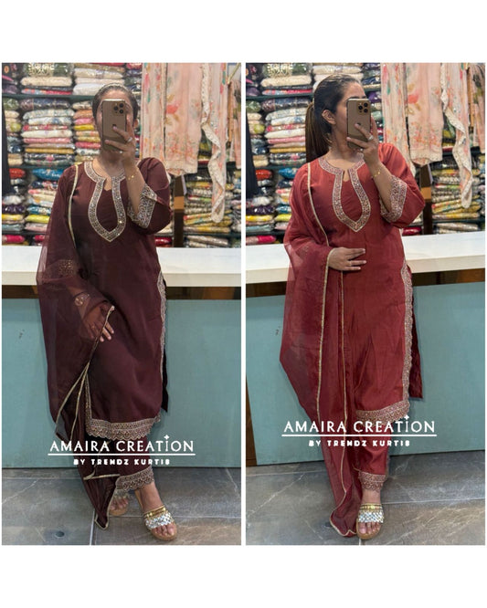 Premium Silk Beautiful Neck Detailing Pant Set