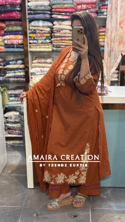 Premium Cotton Rust Cut Work Pakistani Set