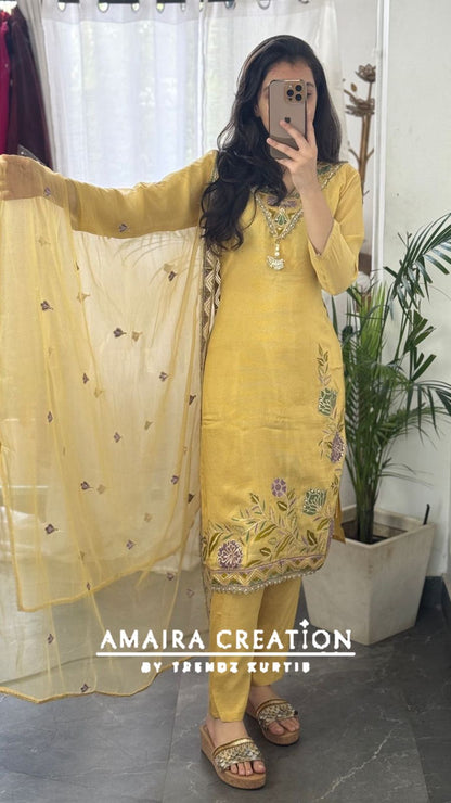 Premium Glass Tissue Mustard Color Pant Set