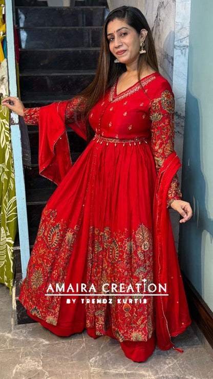 Premium Chinnon Red Centre Slit Skirt Set