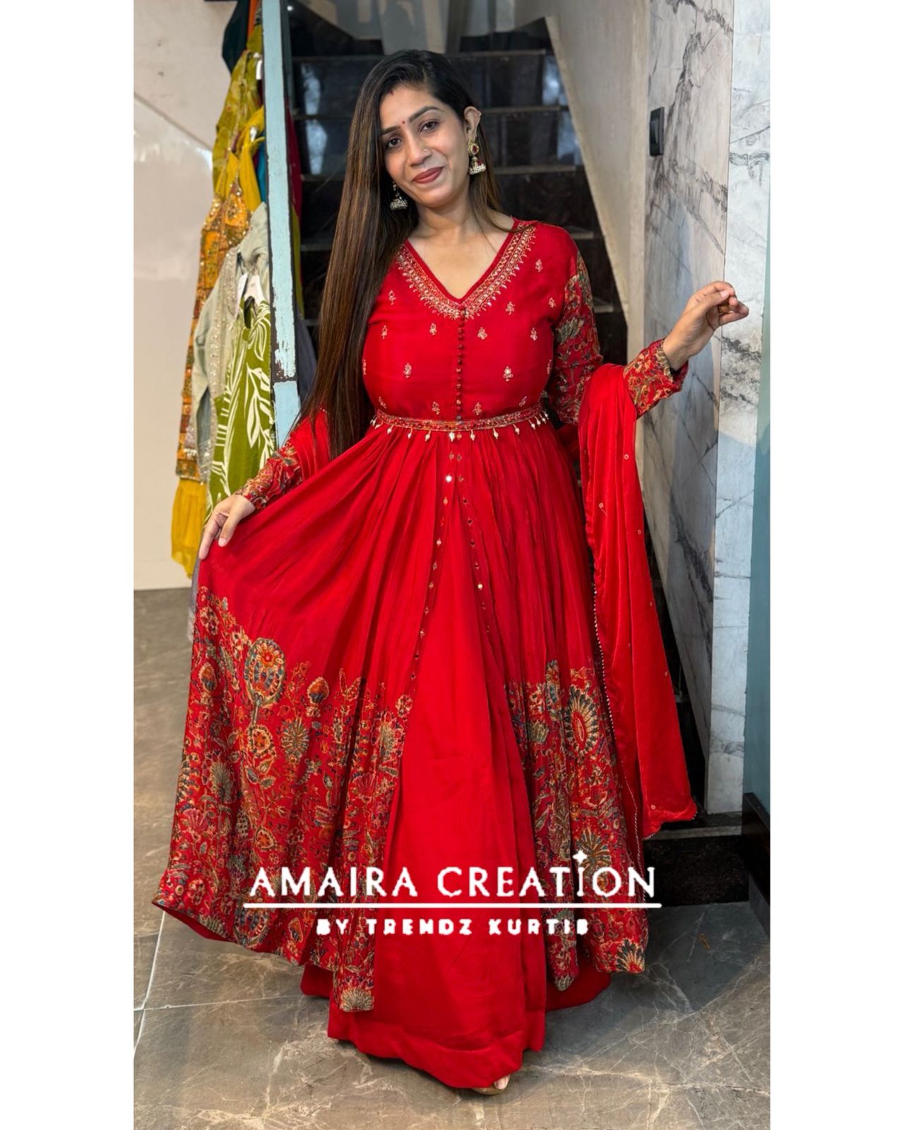 Premium Chinnon Red Centre Slit Skirt Set