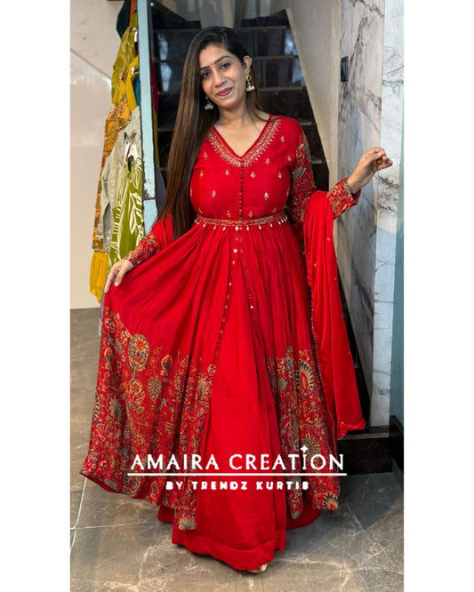 Premium Chinnon Red Centre Slit Skirt Set