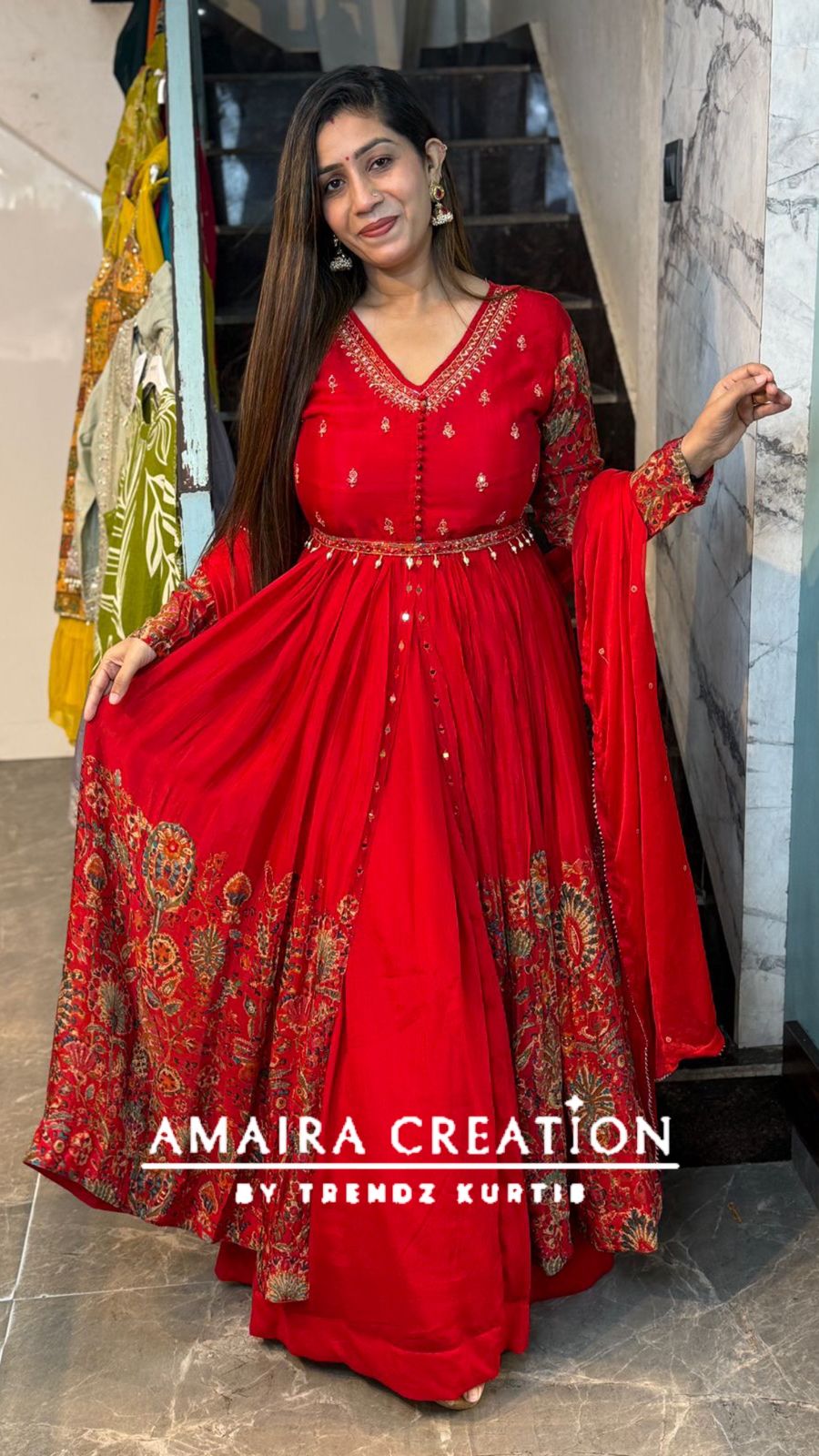 Premium Chinnon Red Centre Slit Skirt Set