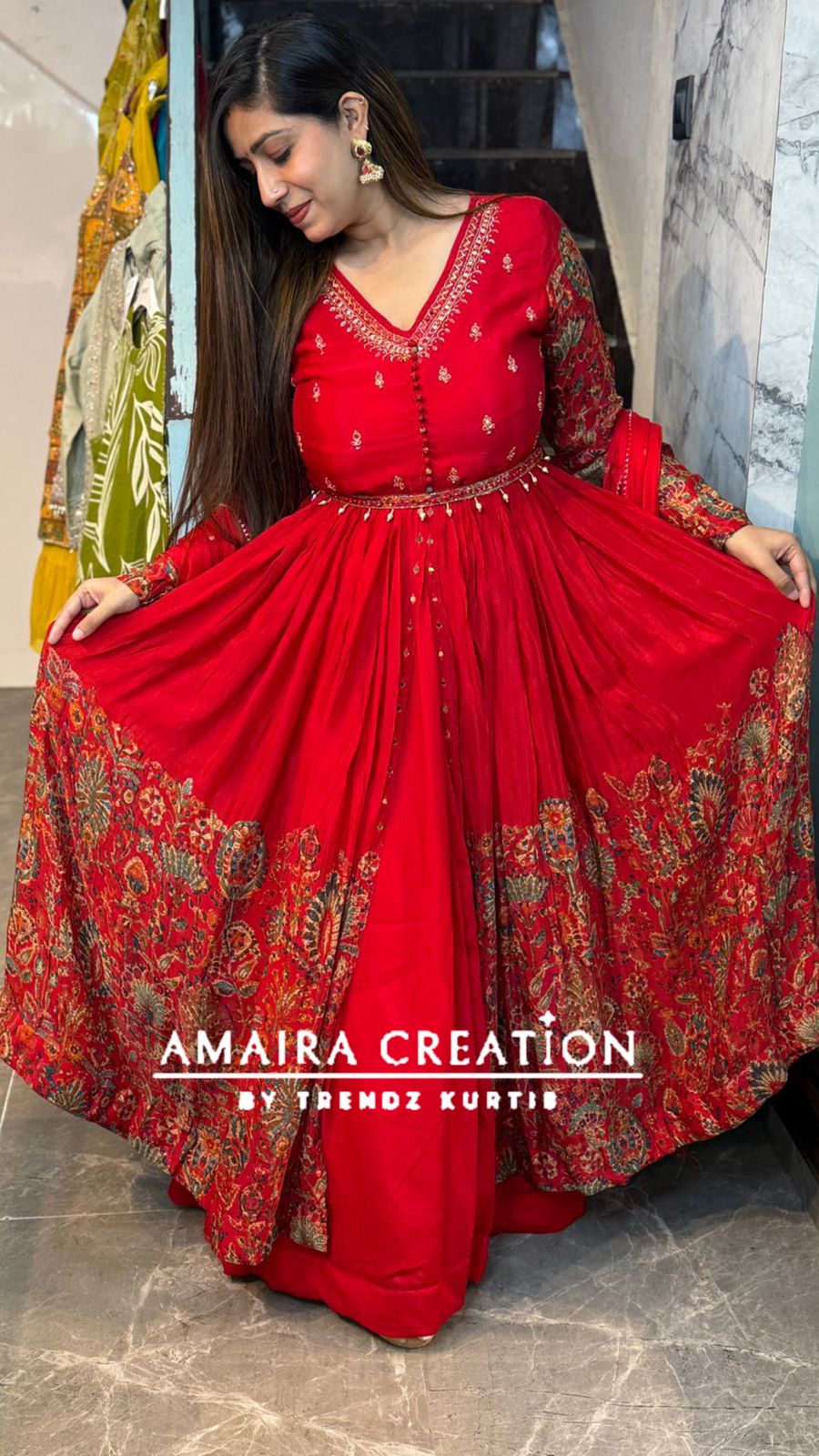 Premium Chinnon Red Centre Slit Skirt Set