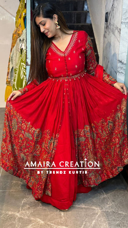 Premium Chinnon Red Centre Slit Skirt Set