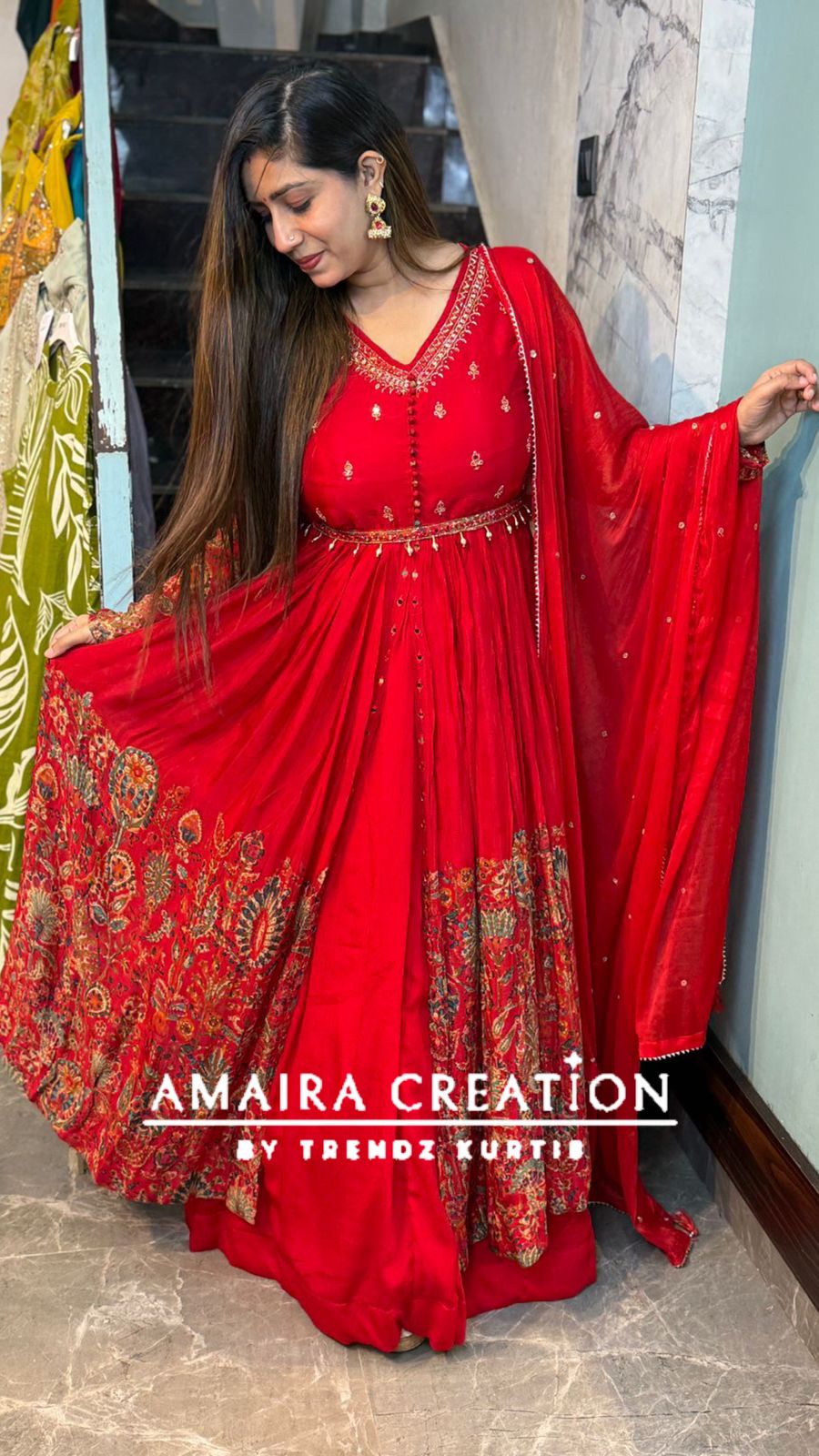 Premium Chinnon Red Centre Slit Skirt Set