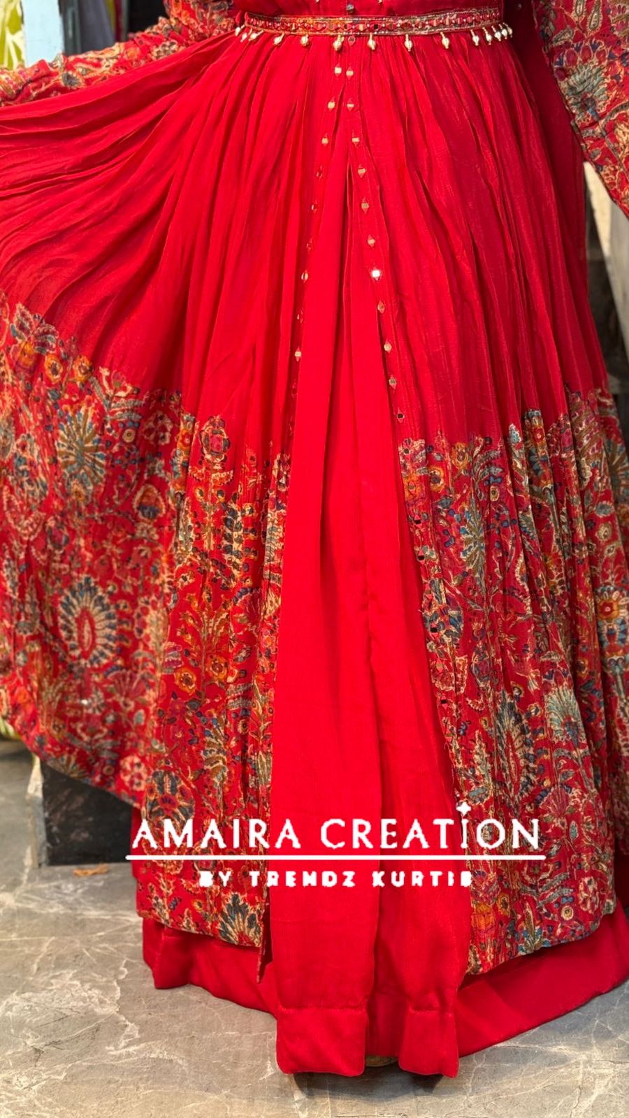 Premium Chinnon Red Centre Slit Skirt Set