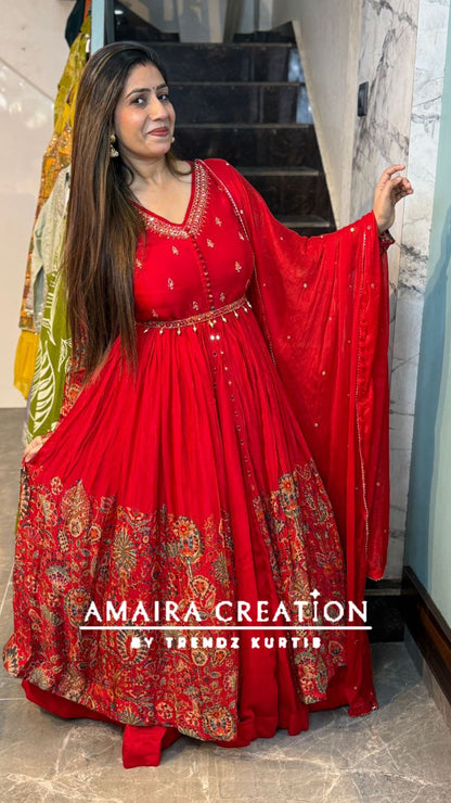 Premium Chinnon Red Centre Slit Skirt Set