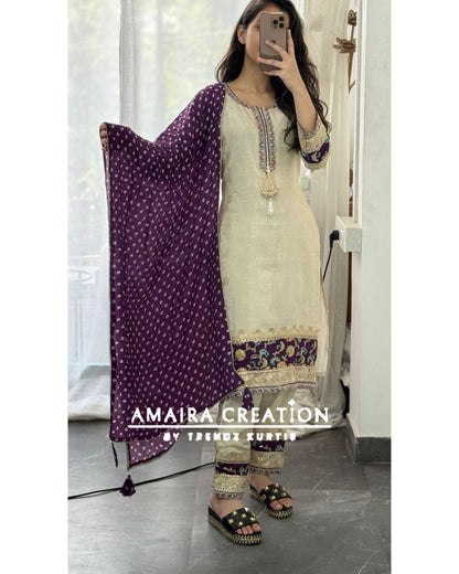Premium Glass Tissue Cream Purple Pant Set