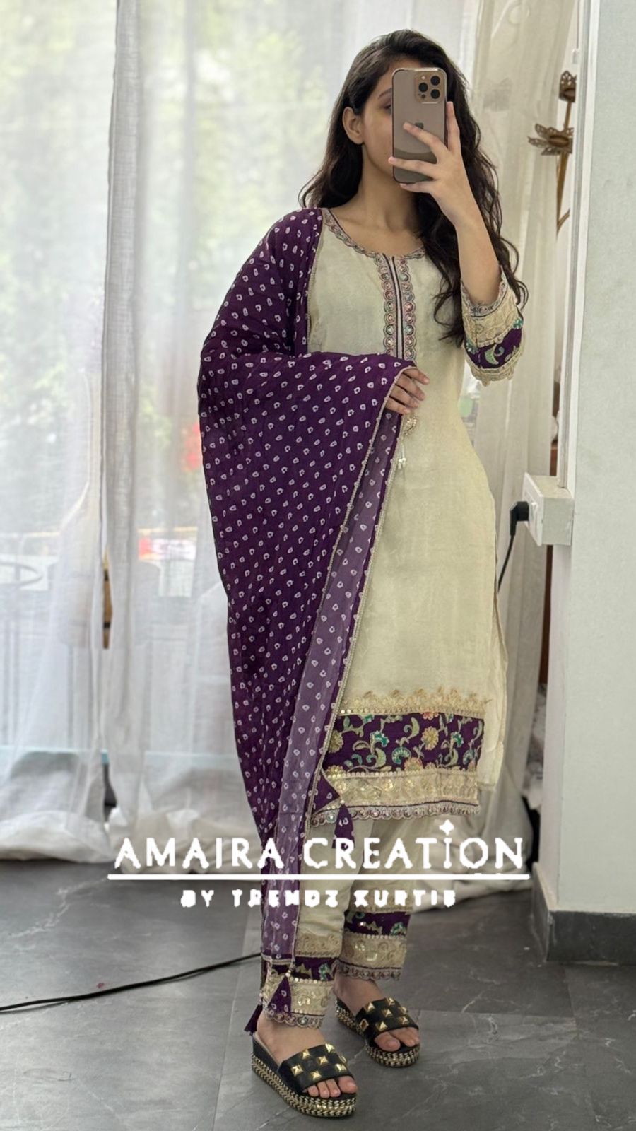 Premium Glass Tissue Cream Purple Pant Set