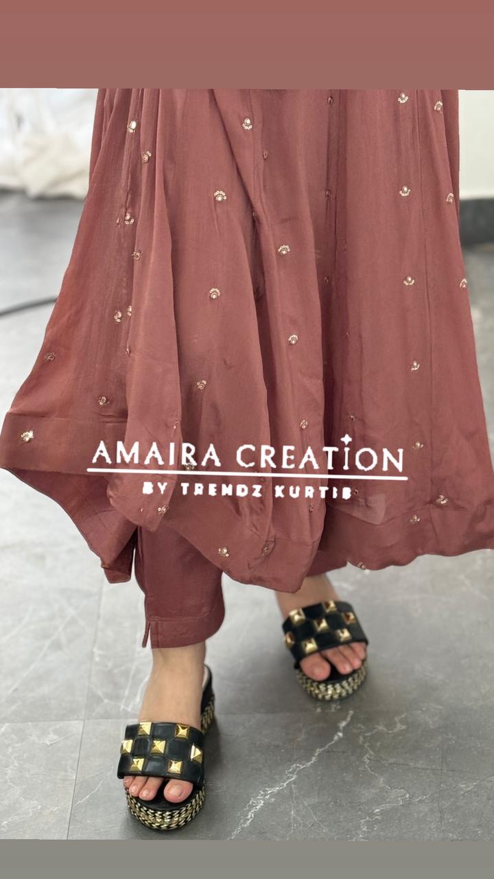 Premium Chinnon Rose Brown Anarkali Set