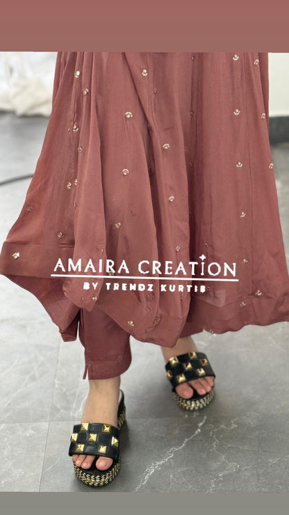 Premium Chinnon Rose Brown Anarkali Set