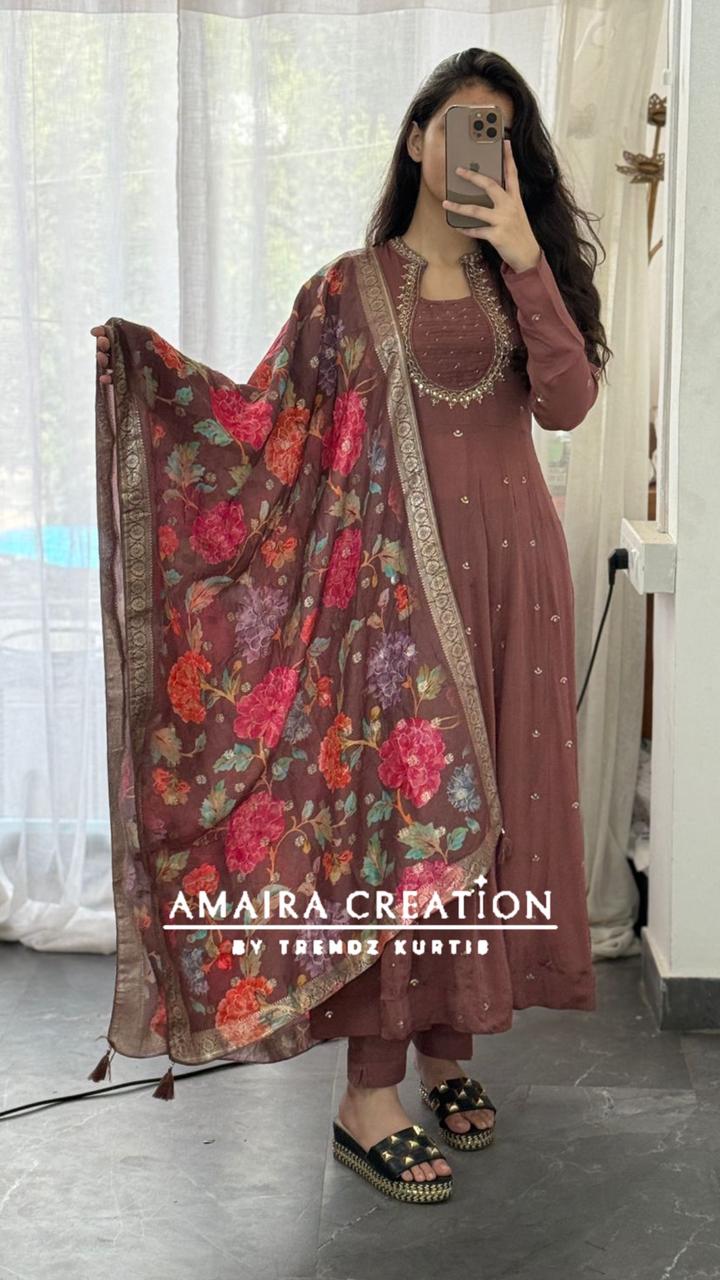 Premium Chinnon Rose Brown Anarkali Set