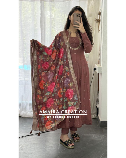 Premium Chinnon Rose Brown Anarkali Set