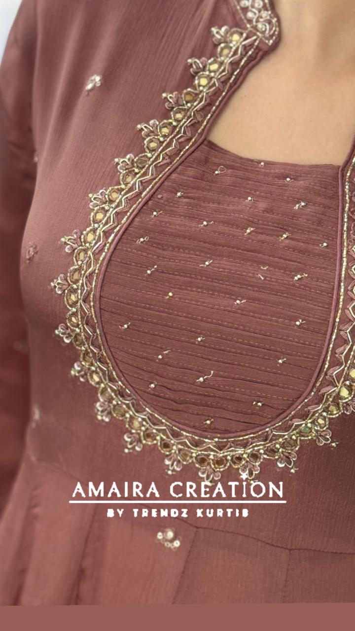 Premium Chinnon Rose Brown Anarkali Set